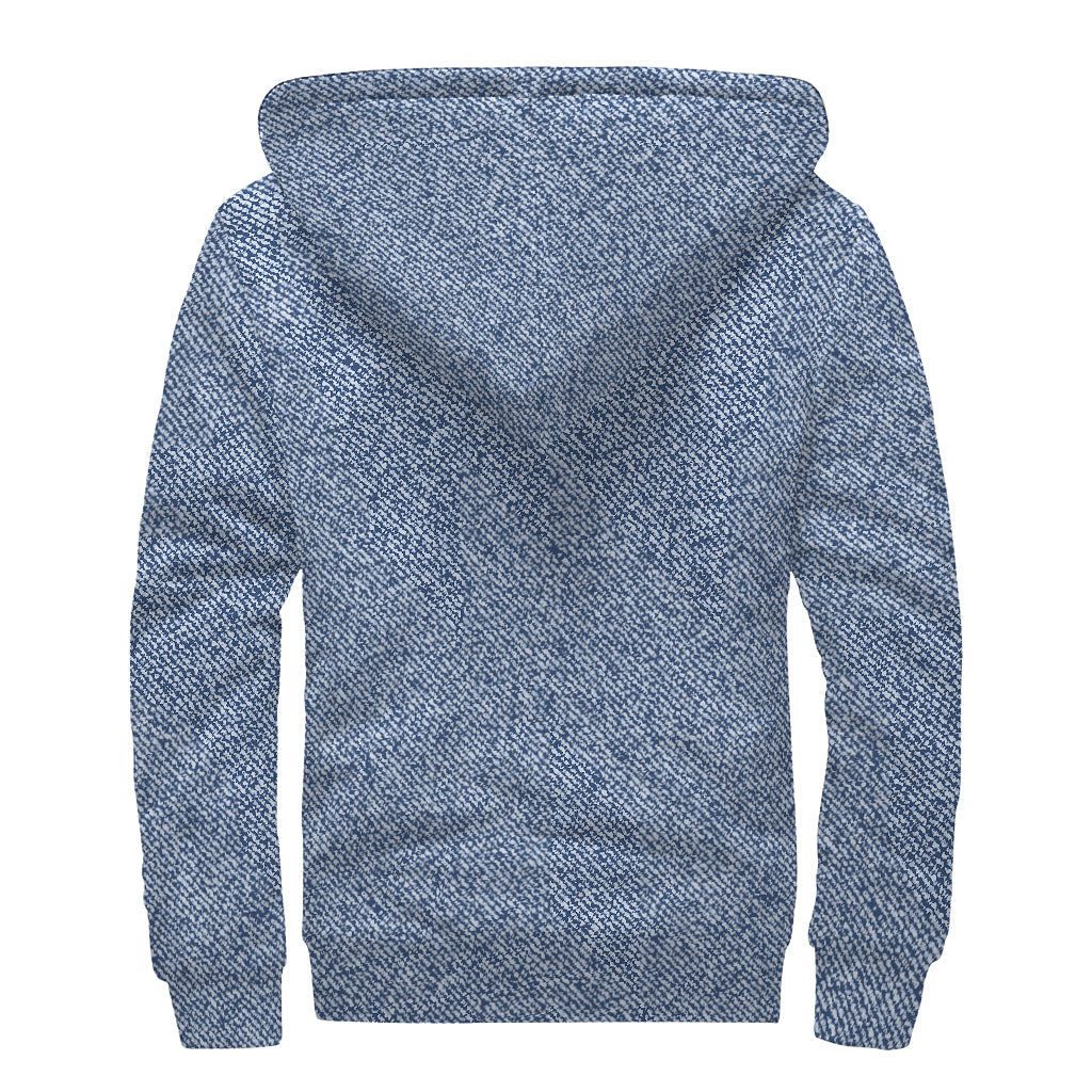 Blue Denim Jeans Pattern Print Sherpa Lined Zip Up Hoodie