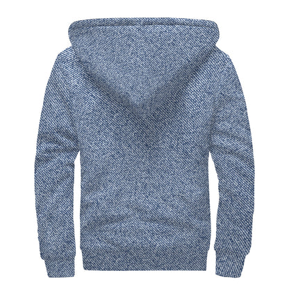 Blue Denim Jeans Pattern Print Sherpa Lined Zip Up Hoodie