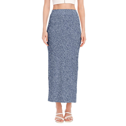 Blue Denim Jeans Pattern Print Side Slit Maxi Skirt