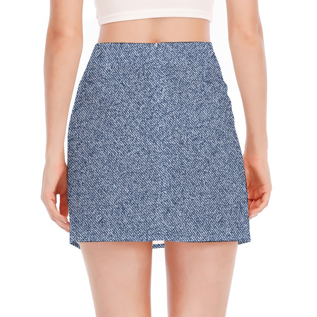 Blue Denim Jeans Pattern Print Side Slit Mini Skirt
