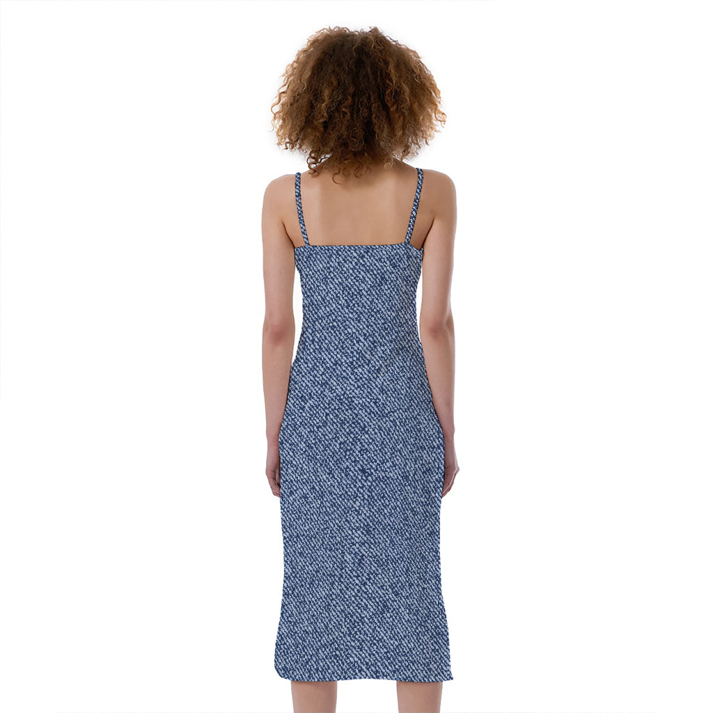 Blue Denim Jeans Pattern Print Slim Fit Midi Cami Dress