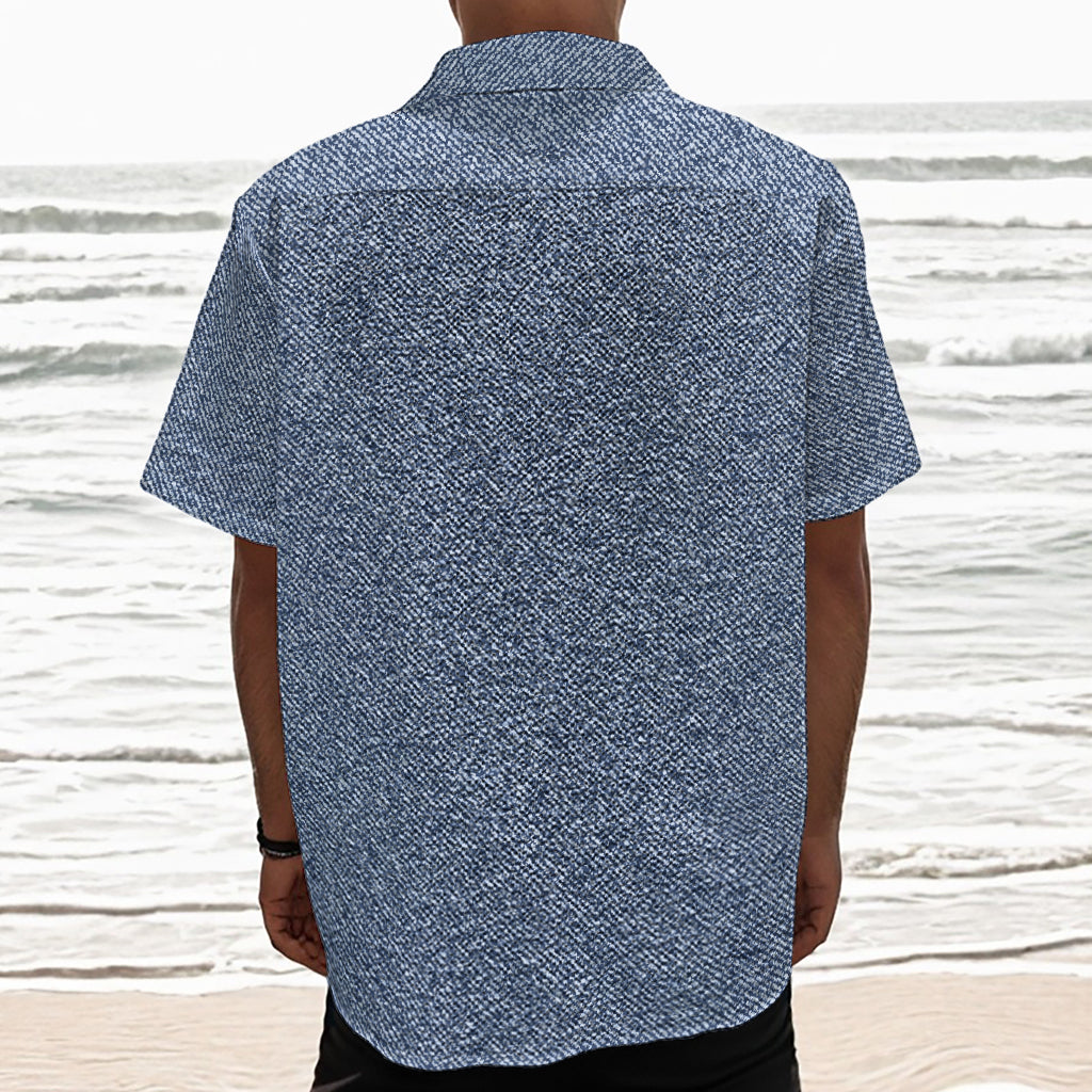 Blue Denim Jeans Pattern Print Textured Short Sleeve Shirt