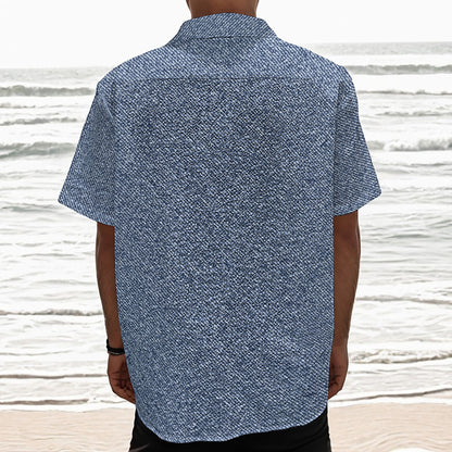 Blue Denim Jeans Pattern Print Textured Short Sleeve Shirt