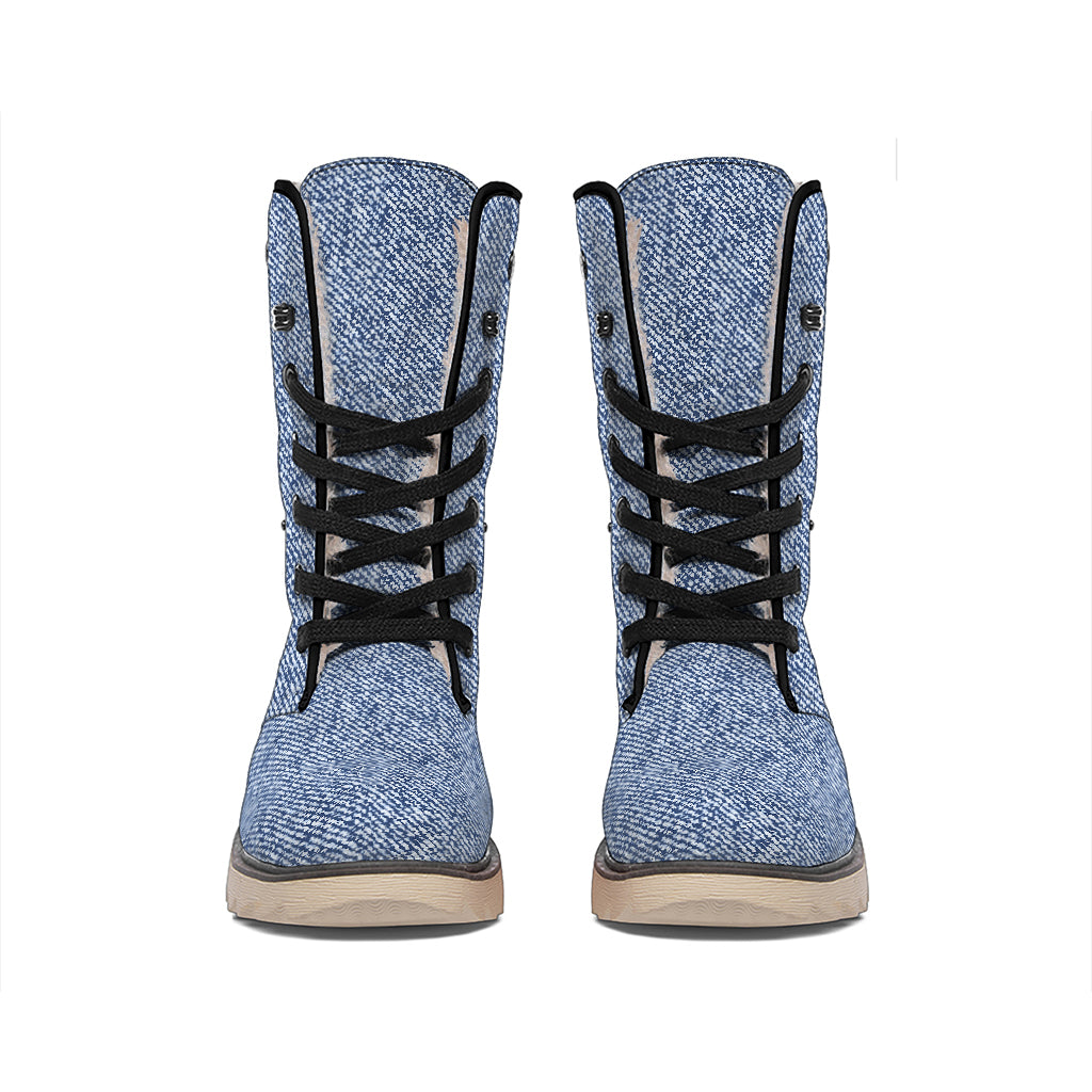 Blue Denim Jeans Pattern Print Winter Boots