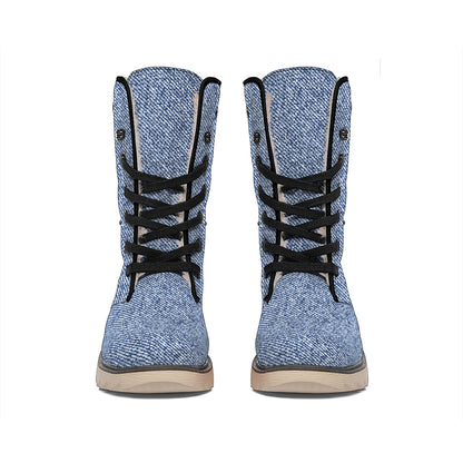 Blue Denim Jeans Pattern Print Winter Boots