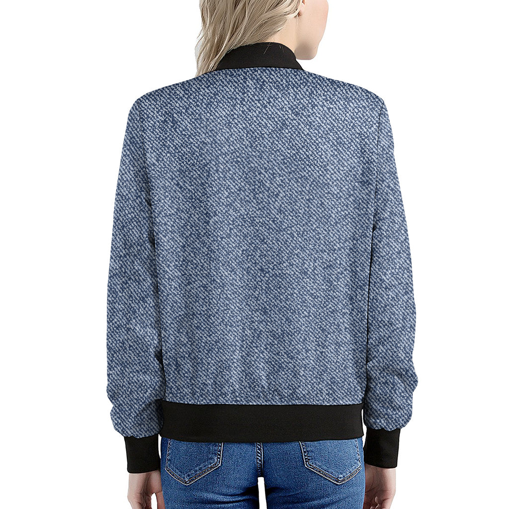 Blue Denim Jeans Pattern Print Women's Bomber Jacket