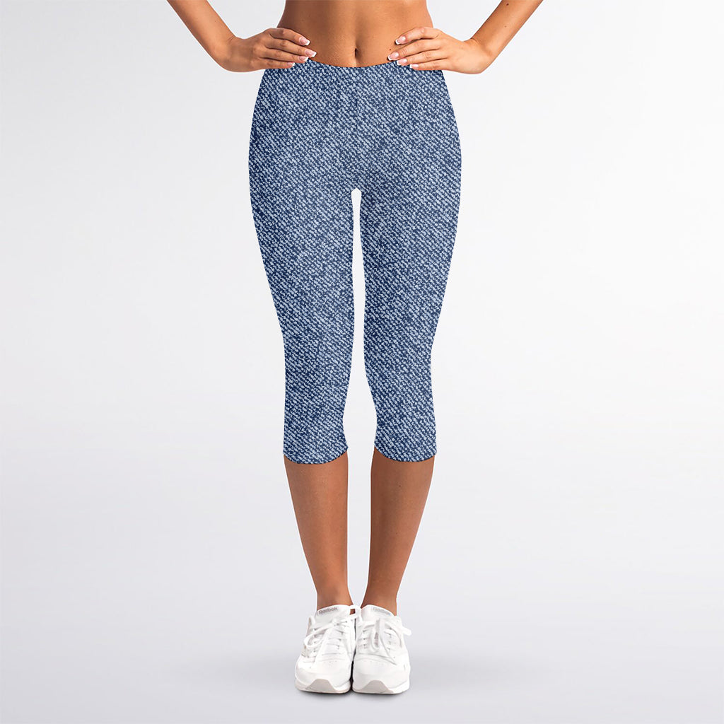 Blue Denim Jeans Pattern Print Women's Capri Leggings