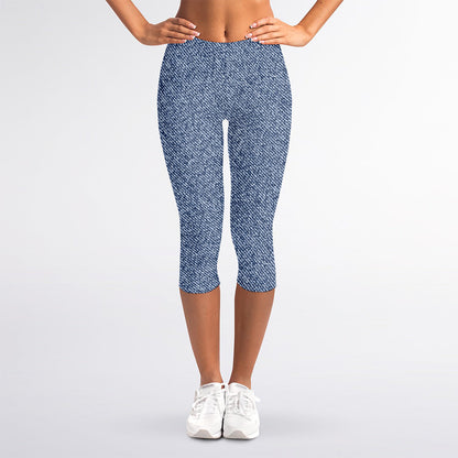 Blue Denim Jeans Pattern Print Women's Capri Leggings