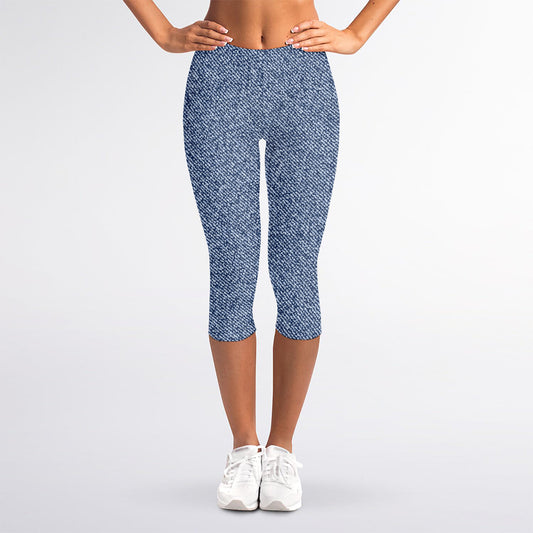 Blue Denim Jeans Pattern Print Women's Capri Leggings