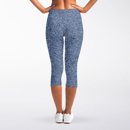 Blue Denim Jeans Pattern Print Women's Capri Leggings
