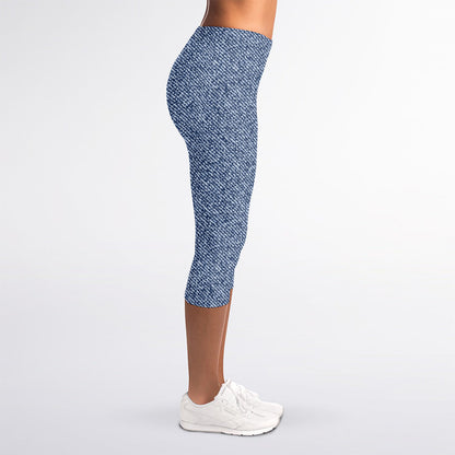 Blue Denim Jeans Pattern Print Women's Capri Leggings