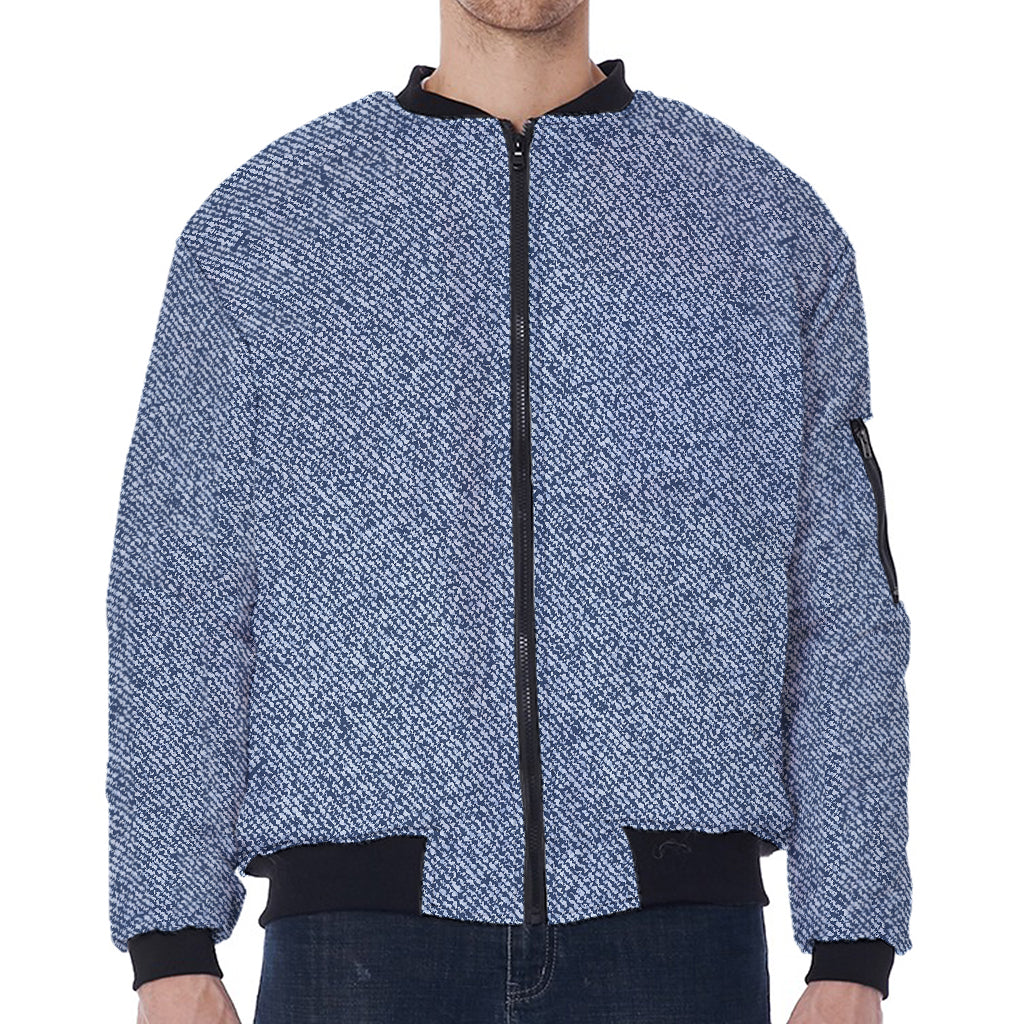 Blue Denim Jeans Pattern Print Zip Sleeve Bomber Jacket