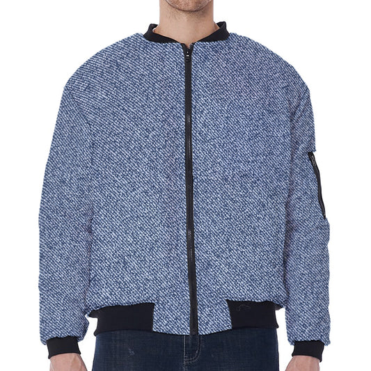 Blue Denim Jeans Pattern Print Zip Sleeve Bomber Jacket