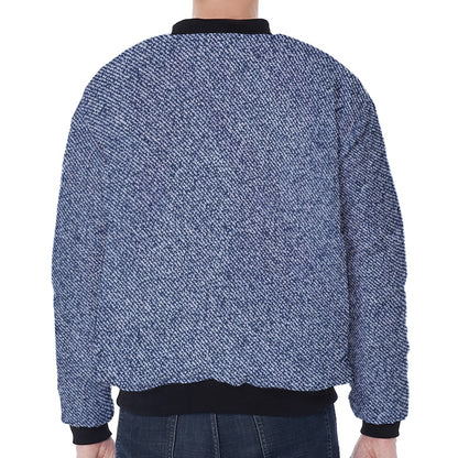 Blue Denim Jeans Pattern Print Zip Sleeve Bomber Jacket