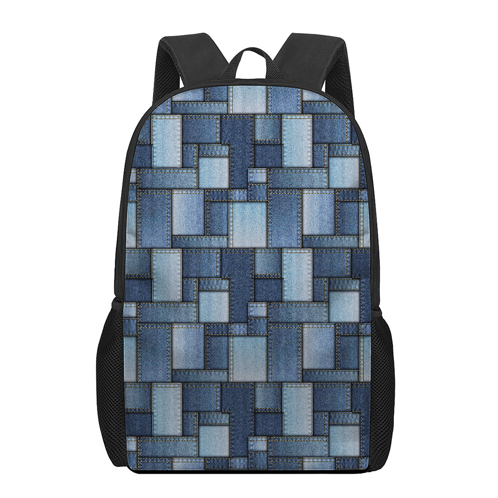 Blue Denim Patchwork Pattern Print 17 Inch Backpack