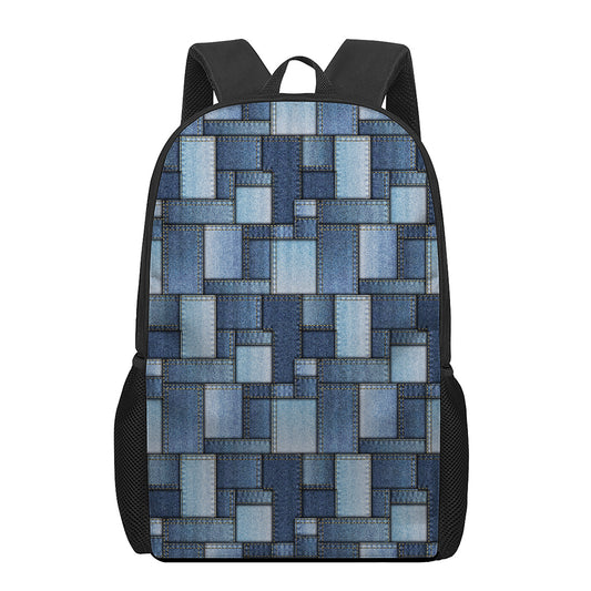Blue Denim Patchwork Pattern Print 17 Inch Backpack