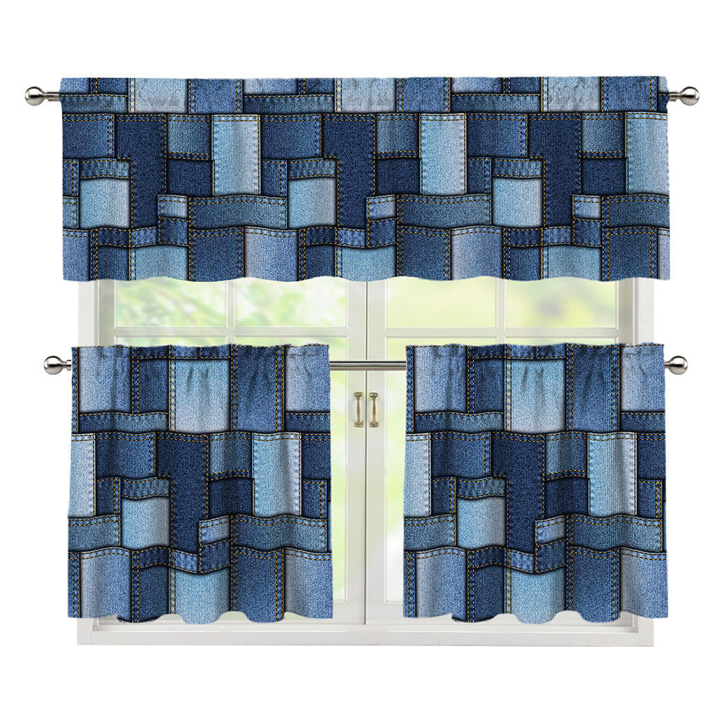 Blue Denim Patchwork Pattern Print 3 Piece Kitchen Curtains