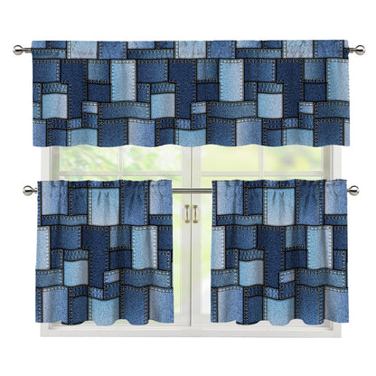 Blue Denim Patchwork Pattern Print 3 Piece Kitchen Curtains
