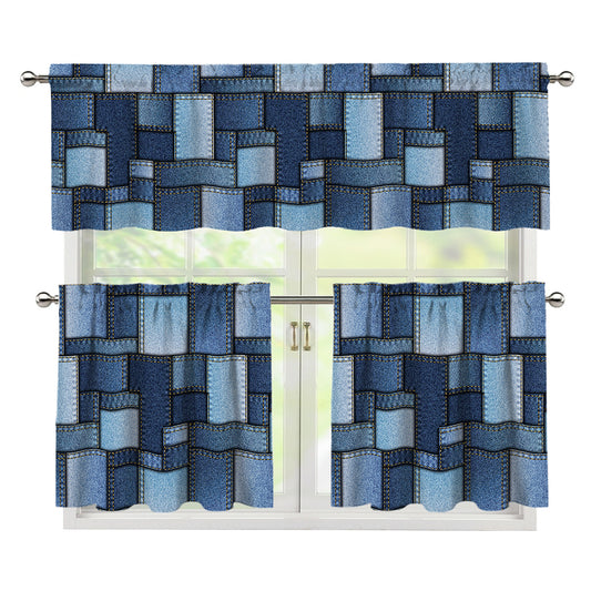 Blue Denim Patchwork Pattern Print 3 Piece Kitchen Curtains