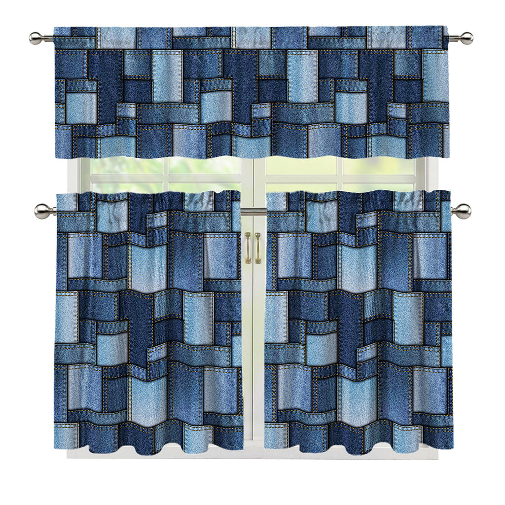 Blue Denim Patchwork Pattern Print 3 Piece Kitchen Curtains
