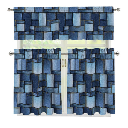 Blue Denim Patchwork Pattern Print 3 Piece Kitchen Curtains