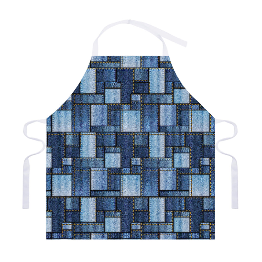 Blue Denim Patchwork Pattern Print Adjustable Apron