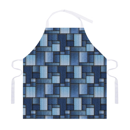 Blue Denim Patchwork Pattern Print Adjustable Apron