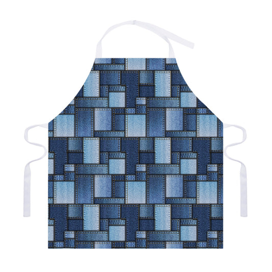 Blue Denim Patchwork Pattern Print Adjustable Apron