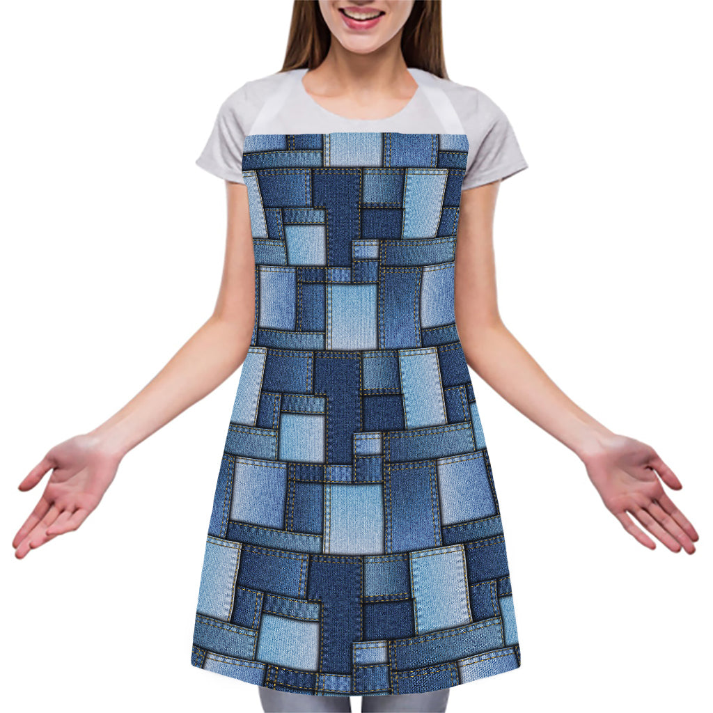 Blue Denim Patchwork Pattern Print Adjustable Apron