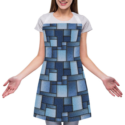 Blue Denim Patchwork Pattern Print Adjustable Apron