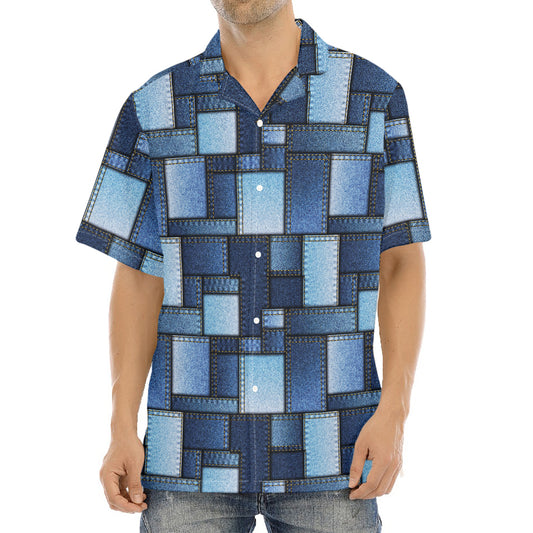 Blue Denim Patchwork Pattern Print Aloha Shirt