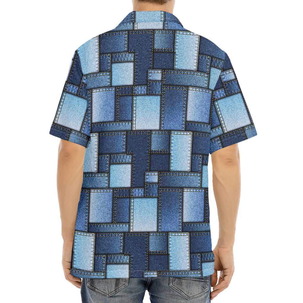 Blue Denim Patchwork Pattern Print Aloha Shirt