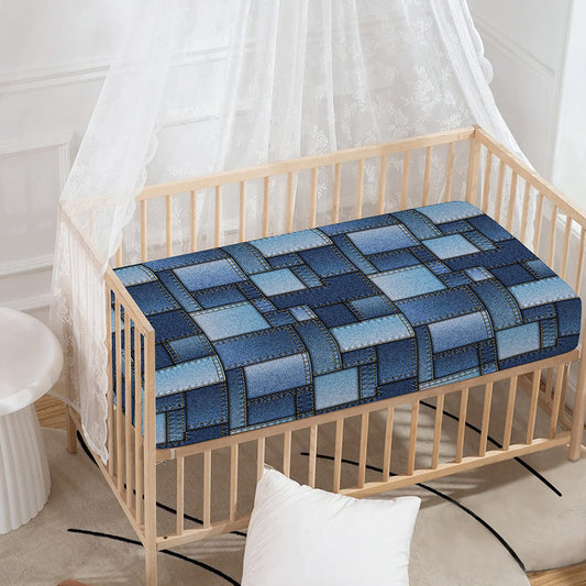 Blue Denim Patchwork Pattern Print Baby Crib Sheet