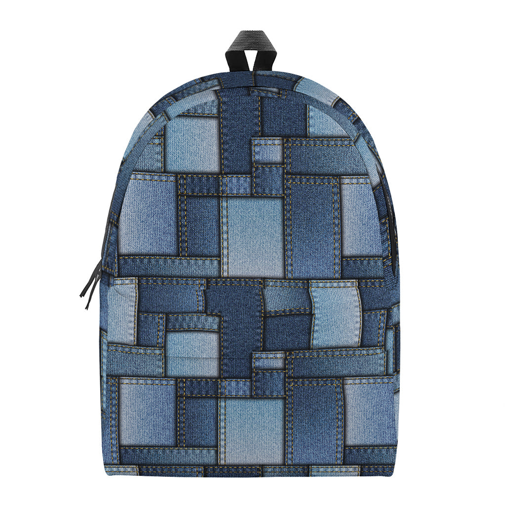 Blue Denim Patchwork Pattern Print Backpack