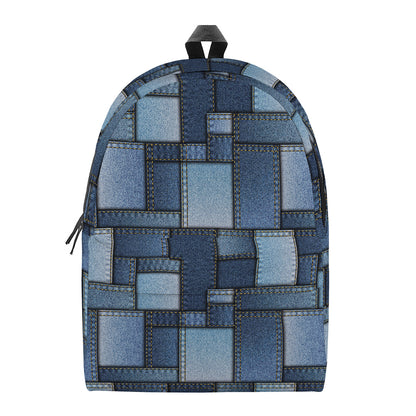 Blue Denim Patchwork Pattern Print Backpack