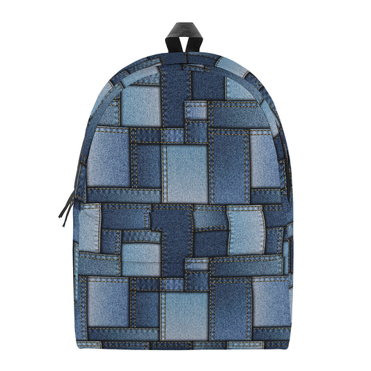 Blue Denim Patchwork Pattern Print Backpack