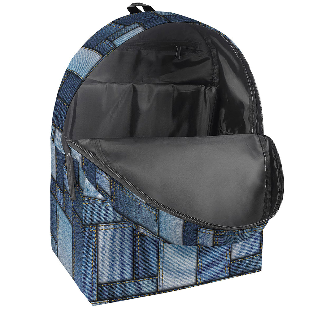 Blue Denim Patchwork Pattern Print Backpack