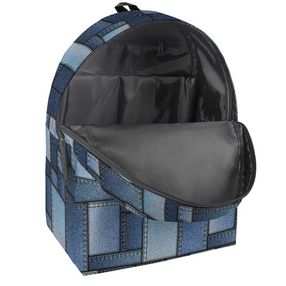 Blue Denim Patchwork Pattern Print Backpack