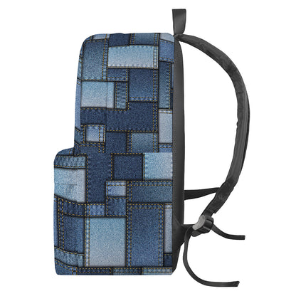 Blue Denim Patchwork Pattern Print Backpack
