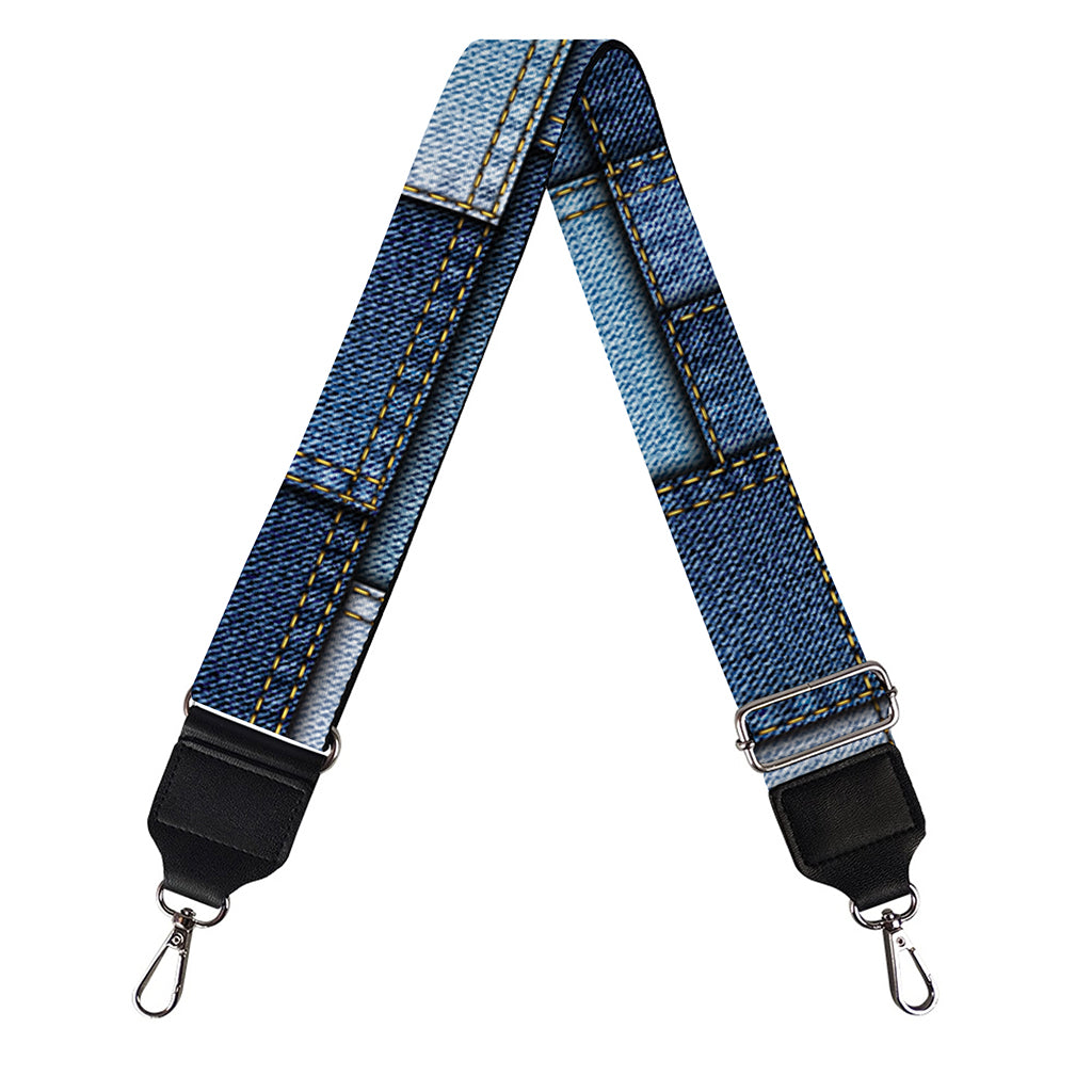 Blue Denim Patchwork Pattern Print Bag Strap
