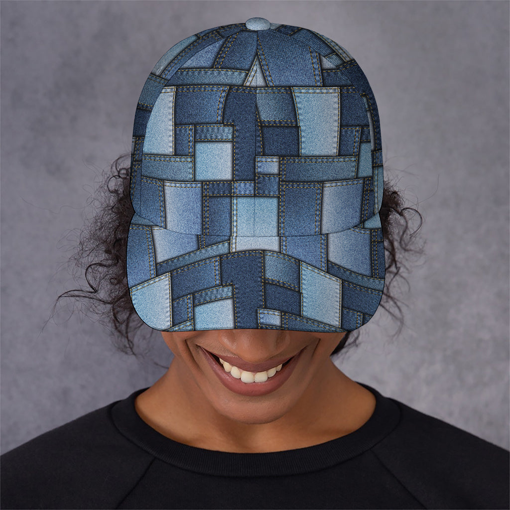 Blue Denim Patchwork Pattern Print Baseball Cap