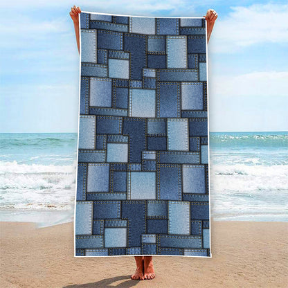 Blue Denim Patchwork Pattern Print Beach Towel