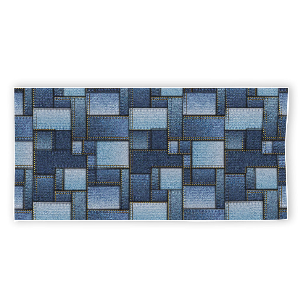Blue Denim Patchwork Pattern Print Beach Towel