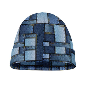 Blue Denim Patchwork Pattern Print Beanie