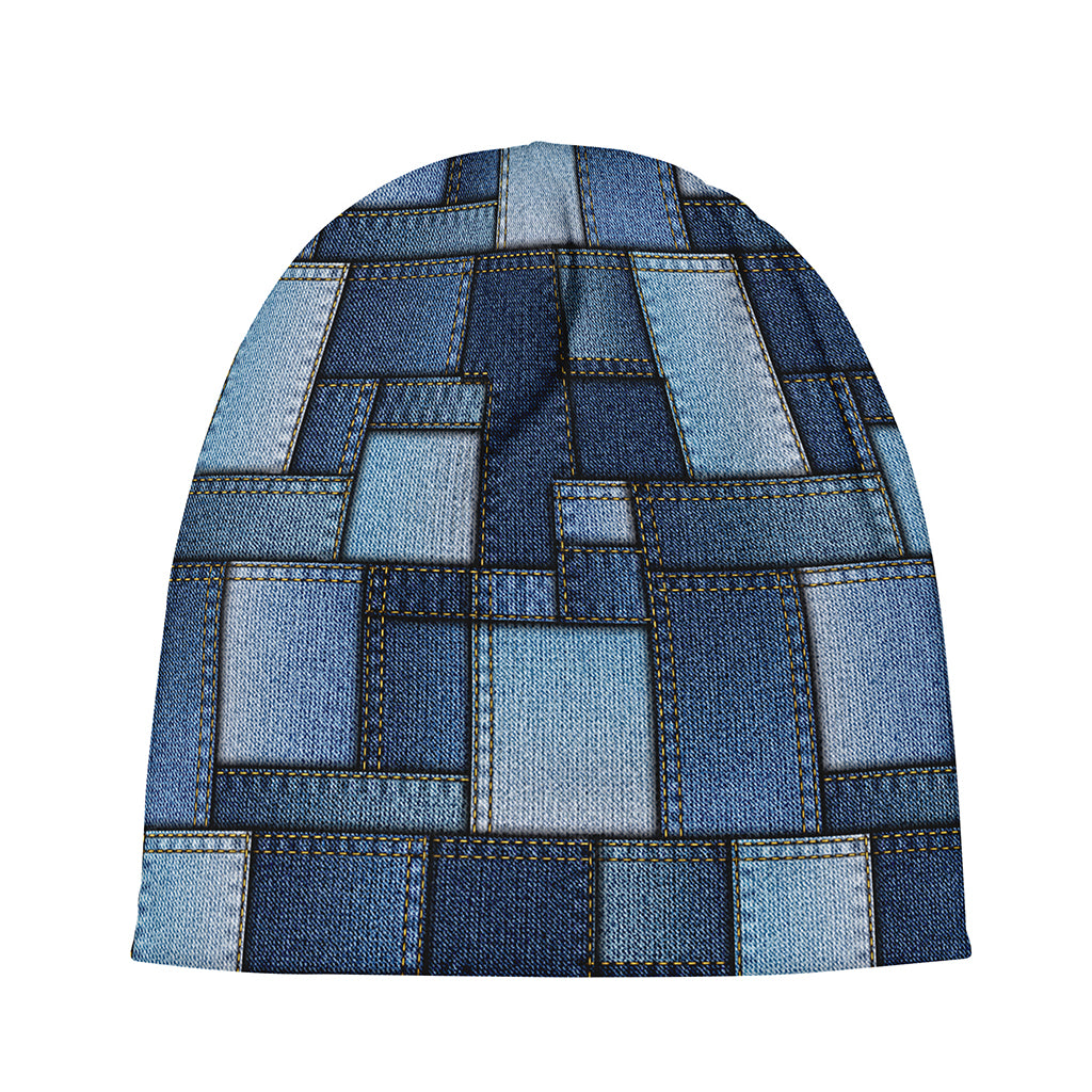 Blue Denim Patchwork Pattern Print Beanie