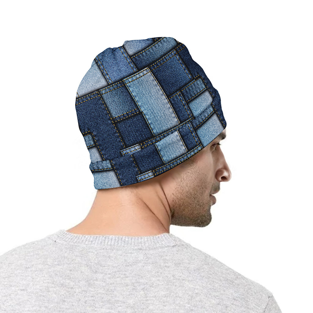 Blue Denim Patchwork Pattern Print Beanie