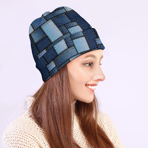 Blue Denim Patchwork Pattern Print Beanie