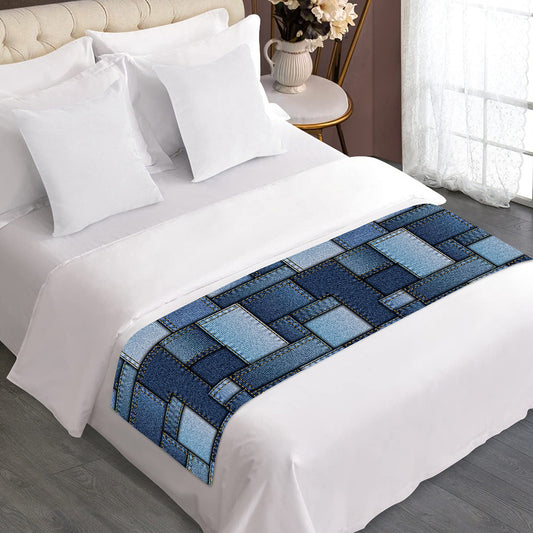Blue Denim Patchwork Pattern Print Bed Runner
