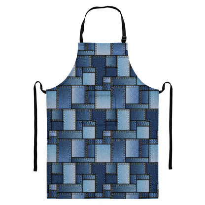 Blue Denim Patchwork Pattern Print Bib Apron With Pocket