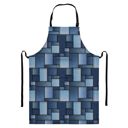 Blue Denim Patchwork Pattern Print Bib Apron With Pocket